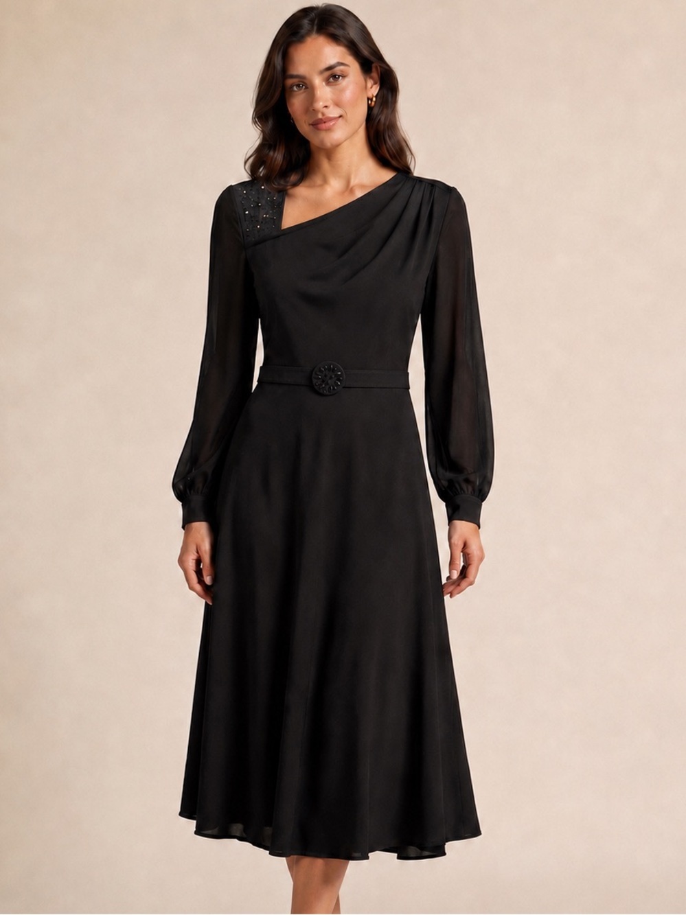 Black Midi Dress with Sheer Long Sleeves and Decorative Belt